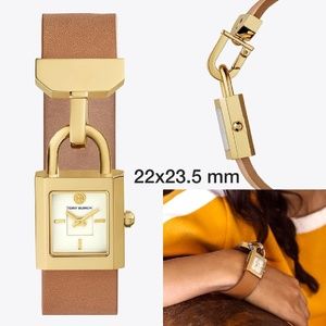 NIB Tory Burch Surrey Watch Leather Luggage/Gold